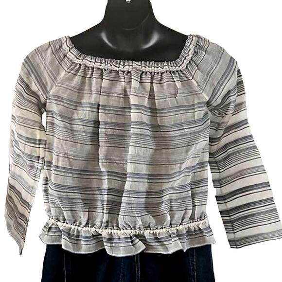 Theory Women's Odettah Off-Shoulder Striped Top Size Petite Medium Blue White - Picture 3 of 7
